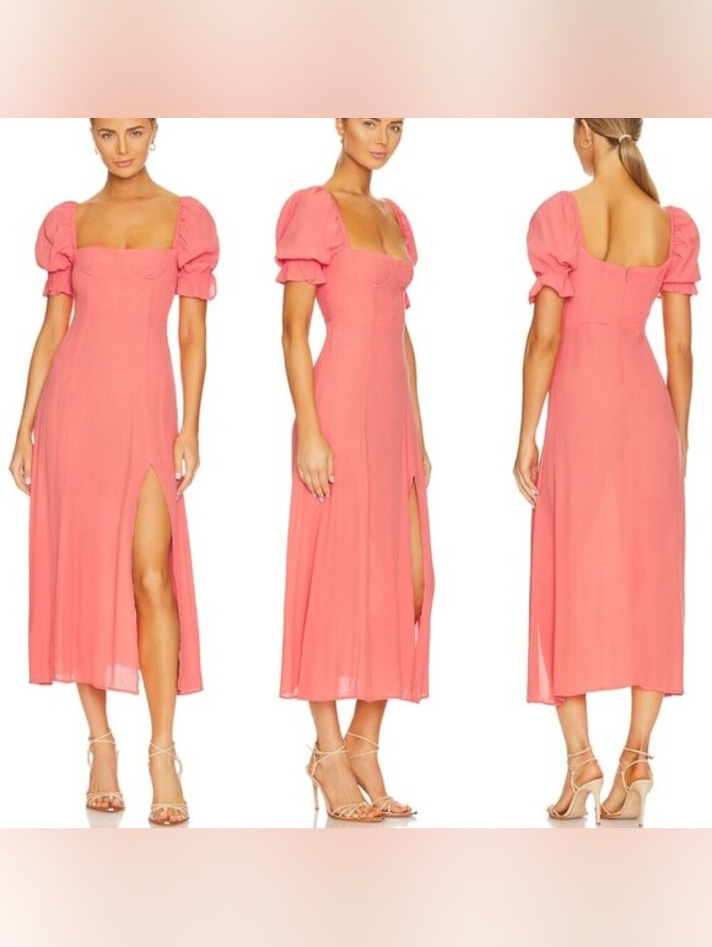 WeWoreWhat Coral-Pink Puff Sleeve Midi Dress with Side Slit